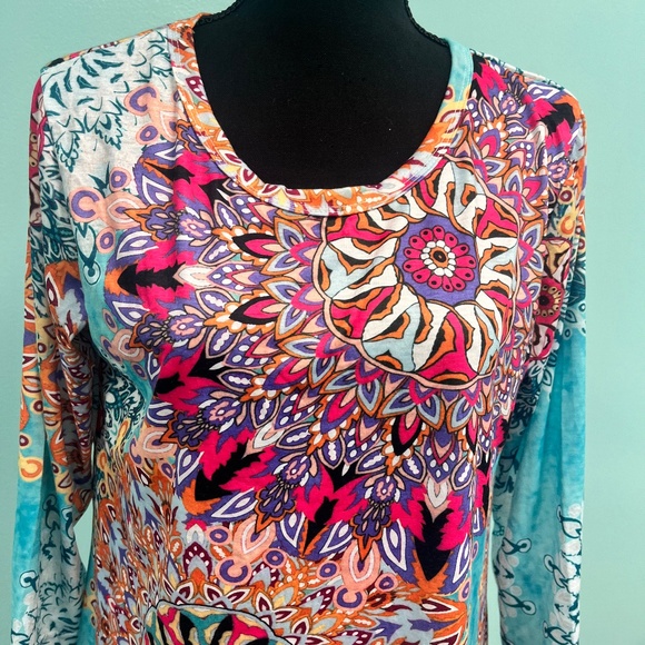 suvimuga green & peach medallion pocket 3/4 sleeves swing dress size L. - Picture 3 of 6